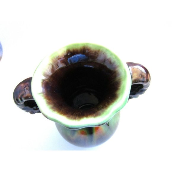 Studio Art Pottery Drip Glaze Vase Brown Green Yellow two handles signed 1110 12 - Picture 5 of 8